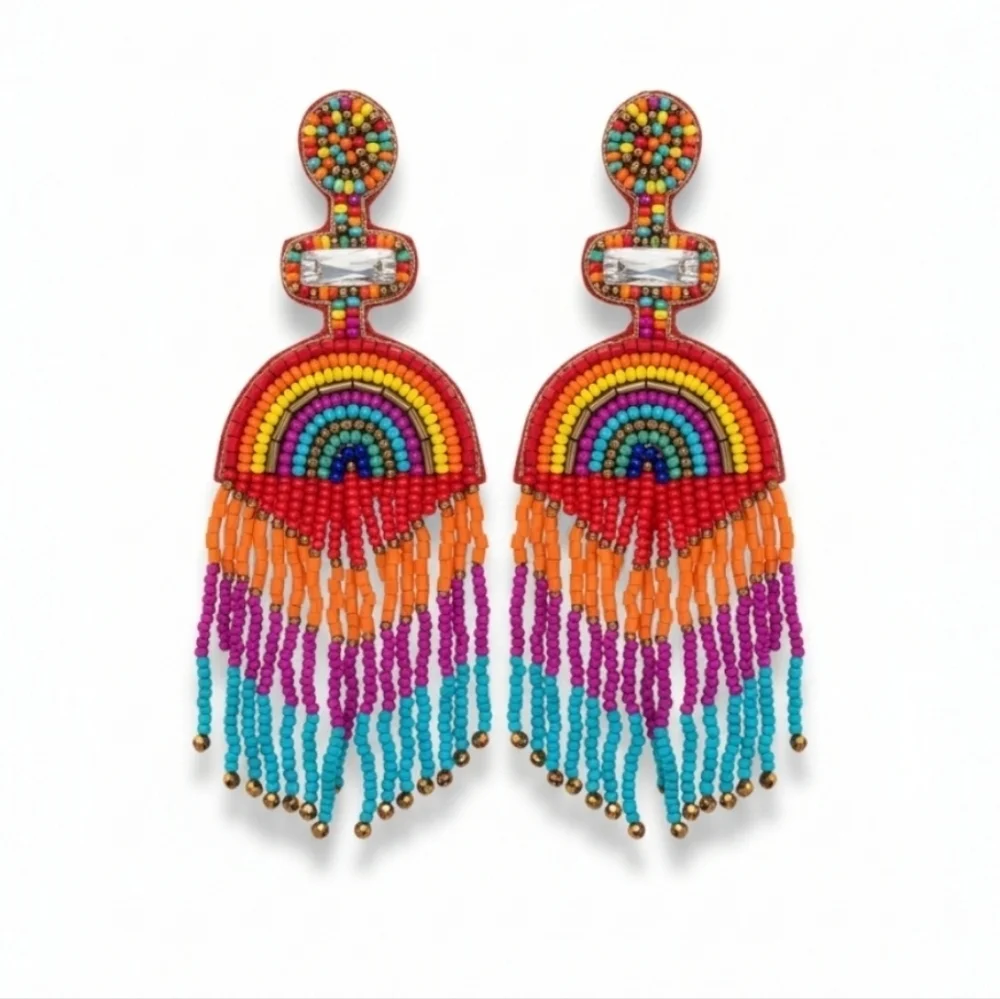 Colorful Seed Beaded Fringe Earrings Rainbow Boho Festival New